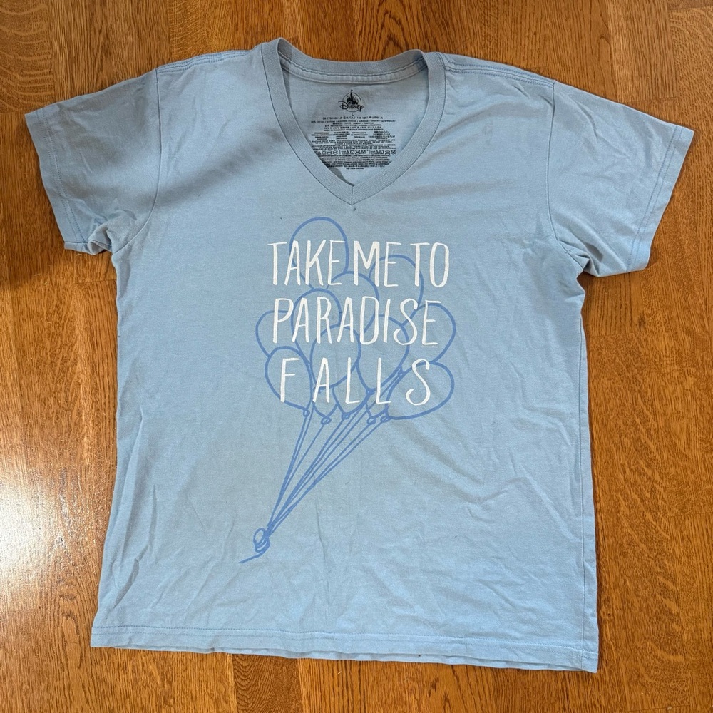 Disney Women T-Shirt Size Large UP Take me to Paradise Falls V Neck Graphic Tee